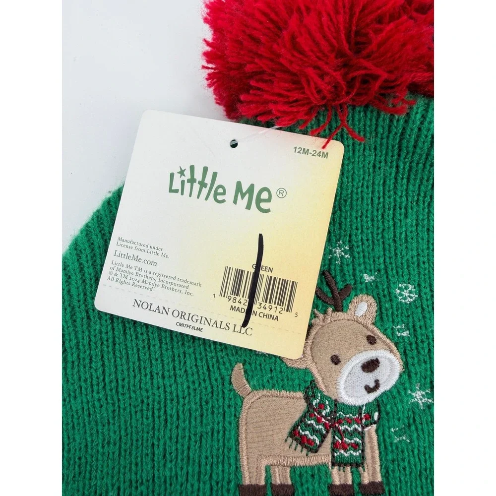Little Me Green Reindeer Knit Beanie Hat Red Pom Pom 12M-24M NEW